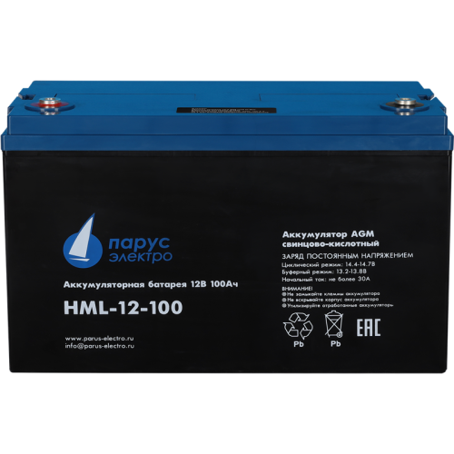 Battery Parus Electro, professional series HML-12-100, voltage 12V, capacity 100Ah (discharge 10 hours), max. discharge current (5sec) 900A, max. charge current 30A, lead-acid AGM type, M8 bolt terminals, LxWxH 330x171x215mm., total height with terminals Battery Parus Electro, professional series HML-12-100, voltage 12V, capacity 100Ah (discharge 10 hours), max. discharge current (5sec) 900A, max. charge current 30A, lead-acid AGM type, M8 bolt terminals, LxWxH 330x171x215mm., total height with terminals