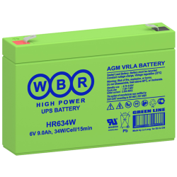Батарея WBR серия HR, HR634W, напряжение 6В, емкость 9Ач (разряд 20 часов), 34 Вт/Эл при 15-мин. разряде до U кон. - 1.6 В/Эл при 25 °С, макс. ток разряда (5 сек.) 127.5А, макс. ток заряда 2.55A, свинцово-кислотная типа AGM,клеммы F1/F2, ДxШxВ 151x34x100м