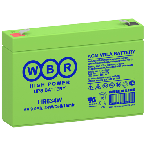 Батарея WBR серия HR, HR634W, напряжение 6В, емкость 9Ач (разряд 20 часов), 34 Вт/Эл при 15-мин. разряде до U кон. - 1.6 В/Эл при 25 °С, макс. ток разряда (5 сек.) 127.5А, макс. ток заряда 2.55A, свинцово-кислотная типа AGM,клеммы F1/F2, ДxШxВ 151x34x100м