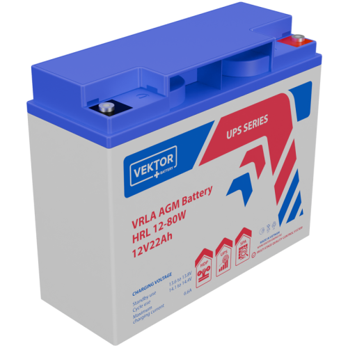Батарея Vektor Battery серия HRL, HRL 12-80W, напряжение 12В, емкость 22 Ач (разряд 20 часов), макс. ток разряда (5 сек.) 330 А, макс. ток заряда 6,6 А, свинцово-кислотная типа AGM, клеммы М5, ДxШxВ 182x77x166мм., вес 5,9 кг., срок службы 12 лет