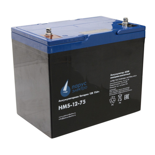 Battery Parus Electro, specialized series HMS-12-75 322W, voltage 12V, capacity 75Ah (discharge 10 hours), power at 15 min. discharge up to U - 1.65 V/cell at 25 °C 322W, max. discharge current (5sec) 700A, max. charge current 24A, lead-acid type AGM, bol