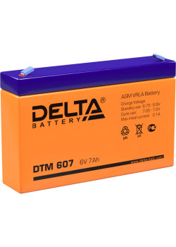 Батарея DELTA серия DTM, DTM 607, напряжение 6В, емкость 7Ач (разряд 20 часов),  макс. ток разряда (5 сек.) 105А, макс. ток заряда 2.04А, свинцово-кислотная типа AGM, клеммы F1, ДxШxВ 151х34х94мм., вес 1.2кг., срок службы 6 лет./ Battery DELTA series DTM,
