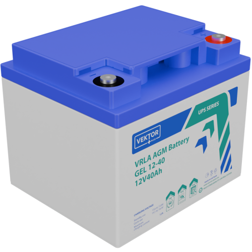 Батарея Vektor Battery серия GEL, GEL 12-40, напряжение 12В, емкость 40 Ач (разряд 10 часов), макс. ток разряда (5 сек.) 400А, макс. ток заряда 8 А, свинцово-кислотная типа GEL, клеммы M6, ДxШxВ 197x165x169мм., вес 12,3 кг., срок службы 13 лет