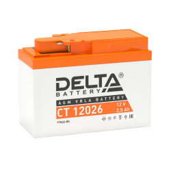 Аккумуляторная батарея для мото-техники/ DELTA серия  CT, CT 12026, напряжение 12В, емкость 2,5 Ач (разряд 10 часов 10.5 В), пусковой ток: 45А, полярность обратная ( - +),  тип AGM;Pb (свинцово-кислотный), клеммы: BN под болт,  ДxШxВ 115x50x86мм., вес  1к