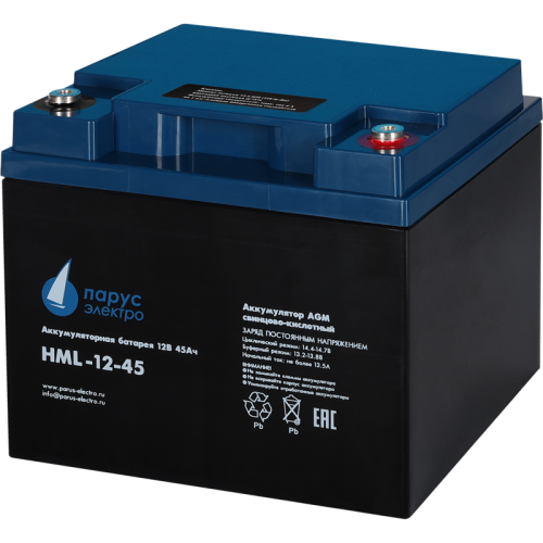 Battery Parus Electro, professional series HML-12-45, voltage 12V, capacity 45Ah (discharge 10 hours), max. discharge current (5sec) 450A, max. charge current 13.5A, lead-acid AGM type, M6 bolt terminals, LxWxH 197x165x170mm., total height with terminals Battery Parus Electro, professional series HML-12-45, voltage 12V, capacity 45Ah (discharge 10 hours), max. discharge current (5sec) 450A, max. charge current 13.5A, lead-acid AGM type, M6 bolt terminals, LxWxH 197x165x170mm., total height with terminals