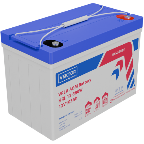 Батарея Vektor Battery серия HRL, HRL 12-380W, напряжение 12В, емкость 105 Ач (разряд 10 часов), макс. ток разряда (5 сек.) 1050 А, макс. ток заряда 31,5 А, свинцово-кислотная типа AGM, клеммы М6, ДxШxВ 307x168x211мм., вес 29,2 кг., срок службы 12 лет