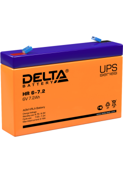 Батарея DELTA серия HR, HR 6-7,2, напряжение 6В, емкость 7.2Ач (разряд 20 часов),  макс. ток разряда (5 сек.) 108А, макс. ток заряда 2.1А, свинцово-кислотная типа AGM, клеммы F1, ДxШxВ 151х34х94мм., вес 1.28кг., срок службы 8 лет./ Battery DELTA series HR