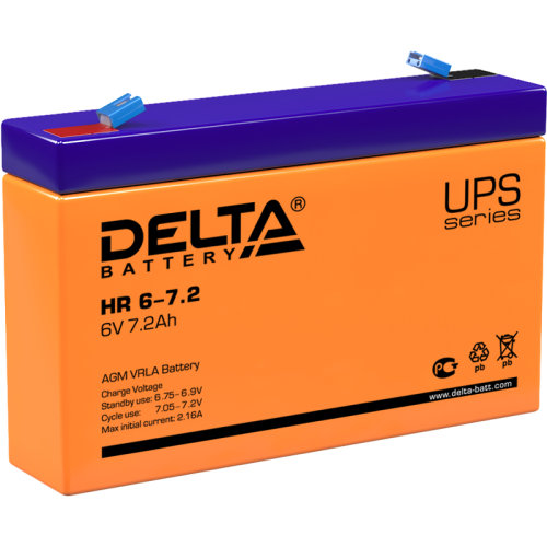 Батарея DELTA серия HR, HR 6-7,2, напряжение 6В, емкость 7.2Ач (разряд 20 часов),  макс. ток разряда (5 сек.) 108А, макс. ток заряда 2.1А, свинцово-кислотная типа AGM, клеммы F1, ДxШxВ 151х34х94мм., вес 1.28кг., срок службы 8 лет./ Battery DELTA series HR