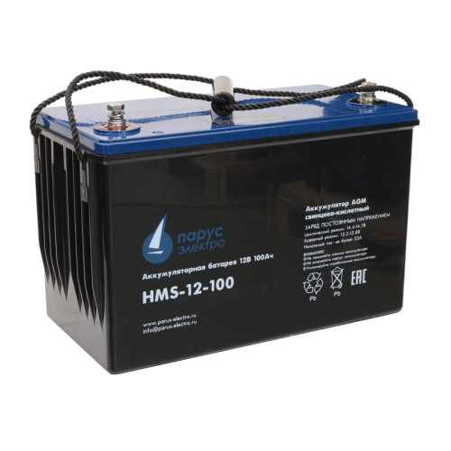 Battery Parus Electro, specialized series HMS-12-100 426W, voltage 12V, capacity 100Ah (discharge 10 hours), power at 15 min. discharge up to U - 1.65 V/cell at 25 °C 426W, max. discharge current (5sec) 900A, max. charge current 30A, lead-acid type AGM, b
