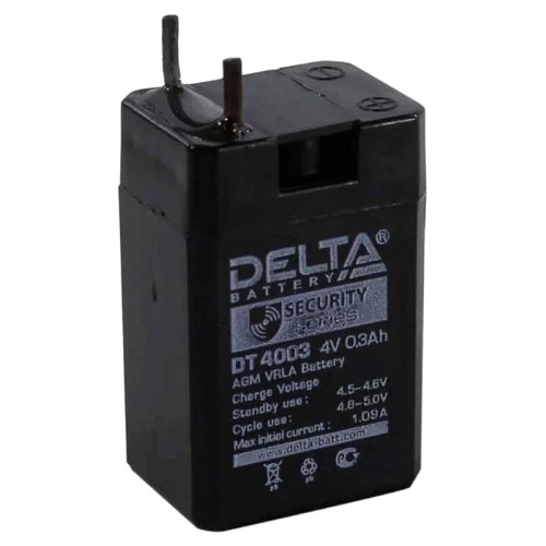 Батарея DELTA серия DT, DT 4003, напряжение 4В, емкость 0.3Ач (разряд 20 часов), макс. ток заряда 0.09А, свинцово-кислотная типа AGM, клеммы вывод под пайку5мм., ДxШxВ 26х21х40мм., 0.045кг., срок службы 5 лет./ Battery DELTA series DT, DT 4003, voltage 4V