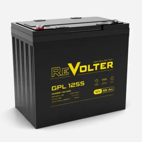 Батарея REVOLTER серия GPL, REVOLTER GPL 1255, напряжение 12В, емкость 55.6Ач (разряд 10 часов),  макс. ток разряда (5 сек.) 550А, макс. ток заряда 16.5А, свинцово-кислотная типа AGM, клеммы под болт М6, ДxШxВ 230х140х207мм., вес 17кг., срок службы 10 лет