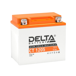 Аккумуляторная батарея для мото-техники/ DELTA серия  CT, CT 1205, напряжение 12В, емкость 5 Ач (разряд 10 часов 10.5 В), пусковой ток: 80А, полярность обратная ( - +),  тип AGM;Pb (свинцово-кислотный), клеммы: BN под болт,  ДxШxВ 114x70x106мм., вес  1,8к
