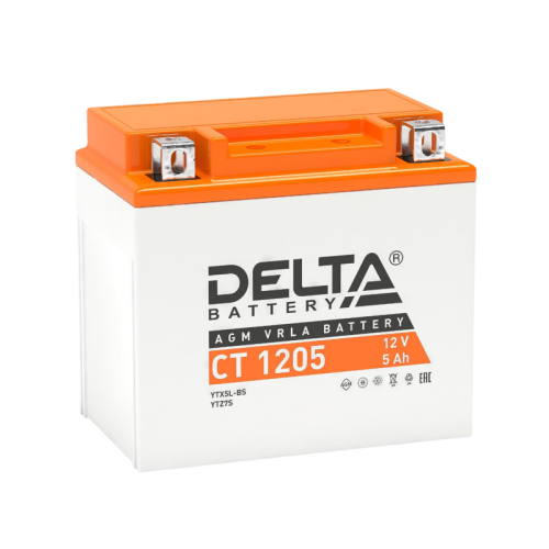 Аккумуляторная батарея для мото-техники/ DELTA серия  CT, CT 1205, напряжение 12В, емкость 5 Ач (разряд 10 часов 10.5 В), пусковой ток: 80А, полярность обратная ( - +),  тип AGM;Pb (свинцово-кислотный), клеммы: BN под болт,  ДxШxВ 114x70x106мм., вес  1,8к