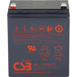 Батарея CSB серия HRL, HRL1225W F2 FR, напряжение 12В, емкость 6.25Ач (разряд 20 часов), 25 Вт/Эл при 15-мин. разряде до U кон. - 1.67 В/Эл при 25 °С, макс. ток разряда (5 сек.) 130А, ток короткого замыкания 328А, макс. ток заряда 2.5A, свинцово-кислотная