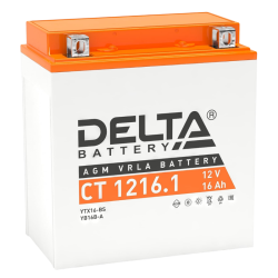 Аккумуляторная батарея для мото-техники/ DELTA серия  CT, CT 1216.1, напряжение 12В, емкость 16 Ач (разряд 10 часов 10.5 В), пусковой ток: 230А, полярность обратная ( - +),  тип AGM;Pb (свинцово-кислотный), клеммы: BN под болт,  ДxШxВ 151x88x164мм., вес  