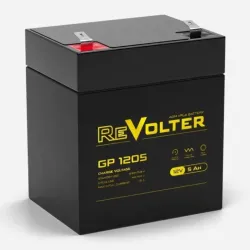 Батарея REVOLTER серия GP, REVOLTER GP 1205, напряжение 12В, емкость 5.6Ач (разряд 20 часов),  макс. ток разряда (5 сек.) 50А, макс. ток заряда 1.5А, свинцово-кислотная типа AGM, клеммы F2, ДxШxВ 90х70х102мм., вес 1.5кг., срок службы 7 лет.