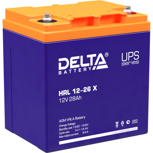 Battery DELTA series HRL-X, HRL 12-26 X, voltage 12V, capacity 28Ah (discharge 10 hours), max. discharge current (5 sec.) 310A, max. charge current 7.8A, lead-acid AGM type, M5 bolt terminals, LxWxH 165x125x175mm, weight 9.6kg, service life 12 years.