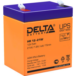 Battery DELTA series HR-W, HR 12-21 W, voltage 12V, capacity 5Ah (discharge 20 hours), max. discharge current (5 sec.) 75A, max. charge current 1.5A, lead-acid type AGM, terminals F2, LxWxH 90x70x101mm., weight 1.8kg., service life 8 years.