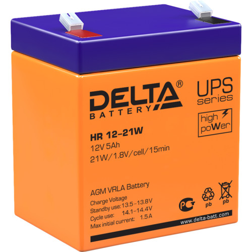 Battery DELTA series HR-W, HR 12-21 W, voltage 12V, capacity 5Ah (discharge 20 hours), max. discharge current (5 sec.) 75A, max. charge current 1.5A, lead-acid type AGM, terminals F2, LxWxH 90x70x101mm., weight 1.8kg., service life 8 years.