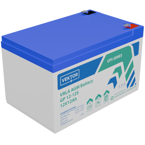 Батарея Vektor Battery серия GP , GP 12-12S, напряжение 12В, емкость 12Ач (разряд 20 часов), емкость 11,3Ач (разряд 10 часов), макс. ток разряда (5 сек.) 120А, макс. ток заряда 3,6A, свинцово-кислотная типа AGM, клеммы Т2, ДxШxВ 151x96x100 мм., вес 3,6кг.