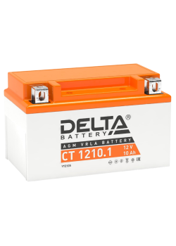 Аккумуляторная батарея для мото-техники/ DELTA серия  CT, CT 1210.1, напряжение 12В, емкость 10 Ач (разряд 10 часов 10.5 В), пусковой ток: 190А, полярность обратная ( - +),  тип AGM;Pb (свинцово-кислотный), клеммы: BN под болт,  ДxШxВ 150x86x93мм., вес  2