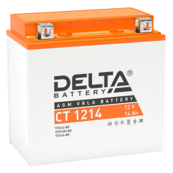 Аккумуляторная батарея для мото-техники/ DELTA серия  CT, CT 1214, напряжение 12В, емкость 14 Ач (разряд 10 часов 10.5 В), пусковой ток: 200А, полярность обратная ( - +),  тип AGM;Pb (свинцово-кислотный), клеммы: BN под болт,  ДxШxВ 151x88x147мм., вес  4,