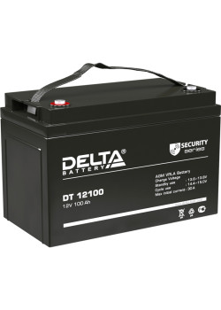 Батарея DELTA серия DT, DT 12100, напряжение 12В, емкость 100Ач (разряд 20 часов),  макс. ток разряда (5 сек.) 1000А, макс. ток заряда 30А, свинцово-кислотная типа AGM, клеммы под болт М8, ДxШxВ 330х173х215мм., вес 28.6кг., срок службы 7-10 лет./ Battery 