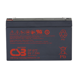 Battery CSB series GP, GP672, voltage 6V, capacity 7.2Ah (discharge 20 hours), max. discharge current (5 sec.) 100/130A, short circuit current 259A, max. charge current 2.16A, lead-acid type AGM, terminals F1/F2, LxWxH 151x34x100.7mm., weight 1.22kg., ser
