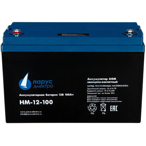 Battery Parus Electro, standard series HM-12-100, voltage 12V, capacity 100Ah (discharge 10 hours), max. discharge current (5sec) 900A, max. charge current 30A, lead-acid type AGM, bolt terminals M8, LxWxH 330x171x215mm., total height with terminals 222mm