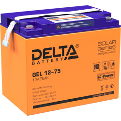 Battery DELTA series GEL, GEL 12-75, voltage 12V, capacity 75Ah (discharge 10 hours), max. discharge current (5 sec.) 700A, max. charge current 15A, lead-acid type AGM + GEL, terminals for M6 bolt, LxWxH 260x168x219mm., Weight 23kg., LCD, service life 10-