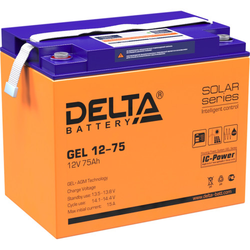 Battery DELTA series GEL, GEL 12-75, voltage 12V, capacity 75Ah (discharge 10 hours), max. discharge current (5 sec.) 700A, max. charge current 15A, lead-acid type AGM + GEL, terminals for M6 bolt, LxWxH 260x168x219mm., Weight 23kg., LCD, service life 10-