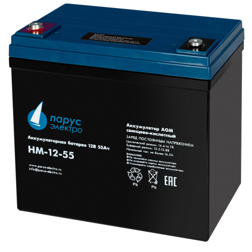 Battery Parus Electro, standard series HM-12-55, voltage 12V, capacity 55Ah (discharge 10 hours), max. discharge current (5sec) 550A, max. charge current 16.5A, lead-acid type AGM, terminals for M6 bolt, LxWxH 224x132x205mm., total height with terminals 2 Battery Parus Electro, standard series HM-12-55, voltage 12V, capacity 55Ah (discharge 10 hours), max. discharge current (5sec) 550A, max. charge current 16.5A, lead-acid type AGM, terminals for M6 bolt, LxWxH 224x132x205mm., total height with terminals 2