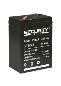 Батарея SECURITY FORCE серия SF, SF 6045, напряжение 6В, емкость 4.5Ач (разряд 20 часов), макс. ток заряда 1.35А, свинцово-кислотная типа AGM, клеммы F1, ДxШxВ 70х47х100мм., кг., срок службы 3-5 лет./ Battery SECURITY FORCE series SF, SF 6045, voltage 6V,