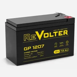 Батарея REVOLTER серия GP, REVOLTER GP 1207, напряжение 12В, емкость 8.2Ач (разряд 20 часов),  макс. ток разряда (5 сек.) 120А, макс. ток заряда 2.16А, свинцово-кислотная типа AGM, клеммы F2, ДxШxВ 150х65х94мм., вес 2.23кг., срок службы 7 лет.