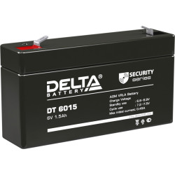 Батарея DELTA серия DT, DT 6015, напряжение 6В, емкость 1.5Ач (разряд 20 часов),  макс. ток разряда (5 сек.) 18А, макс. ток заряда 0.45А, свинцово-кислотная типа AGM, клеммы F1, ДxШxВ 97х24х51мм., вес 0.3кг., срок службы 5 лет./ Battery DELTA series DT, D