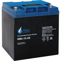 Battery Parus Electro, professional series HML-12-28, voltage 12V, capacity 28Ah (discharge 20 hours), max. discharge current (5sec) 310A, max. charge current 11.2A, lead-acid AGM type, M5 bolt terminals, LxWxH 165x125x175mm., total height with terminals 