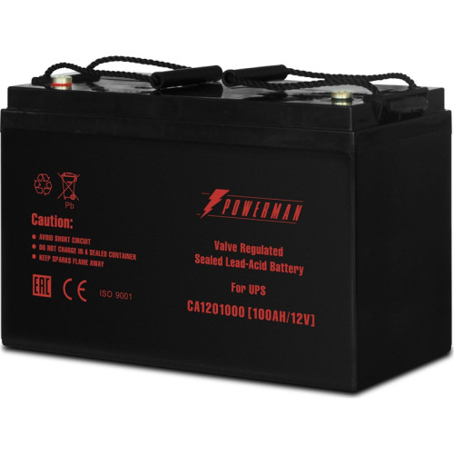 Батарея POWERMAN Battery CA121000, напряжение 12В, емкость 100Ач, макс. ток разряда 800А, макс. ток заряда 30А, свинцово-кислотная типа AGM, тип клемм М2, Д/Ш/В 329/172/215, 27.7 кг./ Battery POWERMAN Battery CA121000, voltage 12V, capacity 100Ah, max. di