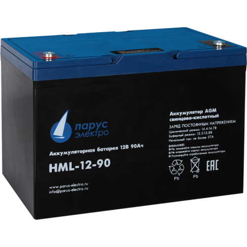 Battery Parus Electro, professional series HML-12-90, voltage 12V, capacity 90Ah (discharge 10 hours), max. discharge current (5sec) 800A, max. charge current 27A, lead-acid type AGM, bolt terminals M8, LxWxH 306x169x210mm, full height with terminals 215m