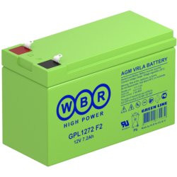 Батарея WBR серия GPL, GPL1272 F2, напряжение 12В, емкость 7.2Ач(разряд 20 часов),макс. ток разряда(5 сек.)130А,макс. ток заряда 2.16A,свинцово-кислотная типа AGM, клеммы F1/F2 Faston Tab,ДxШxВ 151x65x100мм., вес 2.4кг., срок службы до 12 лет в буф/реж./ 