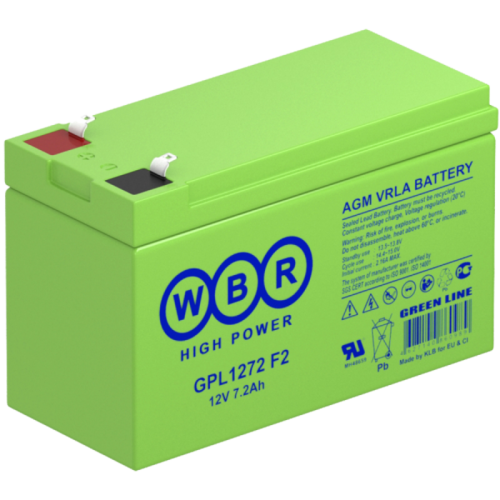 Батарея WBR серия GPL, GPL1272 F2, напряжение 12В, емкость 7.2Ач(разряд 20 часов),макс. ток разряда(5 сек.)130А,макс. ток заряда 2.16A,свинцово-кислотная типа AGM, клеммы F1/F2 Faston Tab,ДxШxВ 151x65x100мм., вес 2.4кг., срок службы до 12 лет в буф/реж./ 