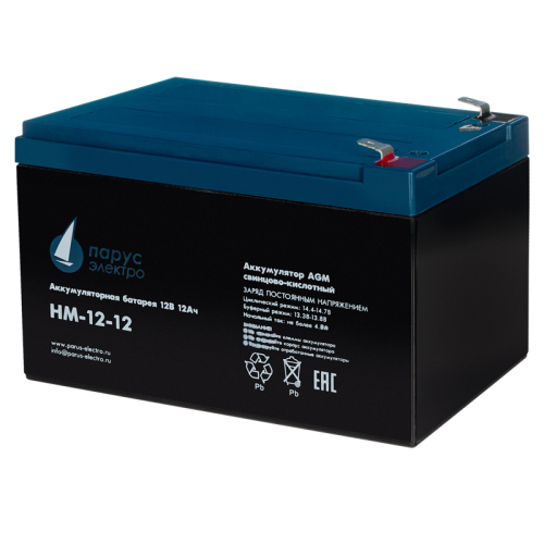 Battery Parus Electro, standard series HM-12-12, voltage 12V, capacity 12Ah (discharge 20 hours), max. discharge current (5sec) 180A, max. charge current 4.8A, lead-acid type AGM, terminals F2, LxWxH 151x98x95mm., total height with terminals 101mm., weigh