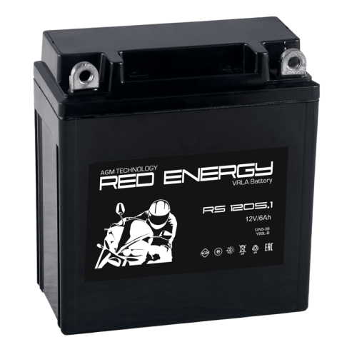 Аккумуляторная батарея для мото-техники/ DELTA серия  RS, RS 1205.1, напряжение 12В, емкость 6 Ач (разряд 10 часов 10.5 В), пусковой ток: 144А, полярность обратная ( - +),  тип AGM;Pb (свинцово-кислотный), клеммы: BN под болт,  ДxШxВ 120x61x129мм., вес  2