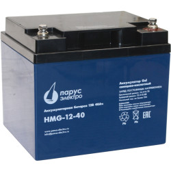 Battery Parus Electro, professional series HMG-12-40, voltage 12V, capacity 40Ah (discharge 20 hours), max. discharge current (5sec) 400A, max. charge current 12A, lead-acid GEL type, M6 bolt terminals, LxWxH 197x165x170mm., total height with terminals 17