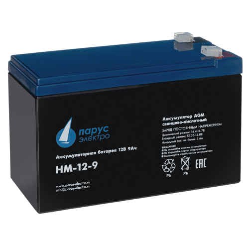 Battery Parus Electro, standard series HM-12-9, voltage 12V, capacity 9Ah (discharge 20 hours), max. discharge current (5sec) 135A, max. charge current 3.6A, lead-acid type AGM, terminals F2, LxWxH 151x65x94mm., total height with terminals 100mm., weight 