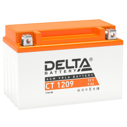 Аккумуляторная батарея для мото-техники/ DELTA серия  CT, CT 1209, напряжение 12В, емкость 9 Ач (разряд 10 часов 10.5 В), пусковой ток: 135А, полярность обратная ( - +),  тип AGM;Pb (свинцово-кислотный), клеммы: BN под болт,  ДxШxВ 150x86x108мм., вес  3кг