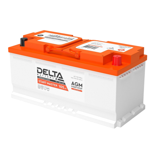 Аккумуляторная батарея для автомобилей/ DELTA серия  START MASTER, DELTA START MASTER 105 Ah AGM, напряжение 12В, емкость 105 Ач (разряд 20 часов; 10.5В), пусковой ток: 950А, полярность обратная ( - +),  тип AGM;Pb (свинцово-кислотный), клеммы: Euro 1,  Д