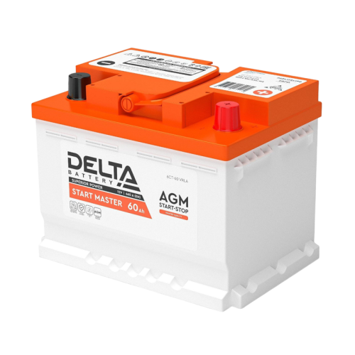 Аккумуляторная батарея для автомобилей/ DELTA серия  START MASTER, DELTA START MASTER 60 Ah AGM, напряжение 12В, емкость 60 Ач (разряд 20 часов; 10.5В), пусковой ток: 660А, полярность обратная ( - +),  тип AGM;Pb (свинцово-кислотный), клеммы: Euro 1,  ДxШ