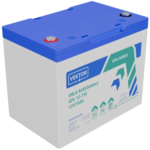 Батарея Vektor Battery серия GPL (S), GPL 12-75S, напряжение 12В, емкость 75 Ач (разряд 10 часов), макс. ток разряда (5 сек.) 750А, макс. ток заряда 22,5 А, свинцово-кислотная типа AGM, клеммы M8, ДxШxВ 259x168x208мм., вес 22,5 кг., срок службы 12 лет