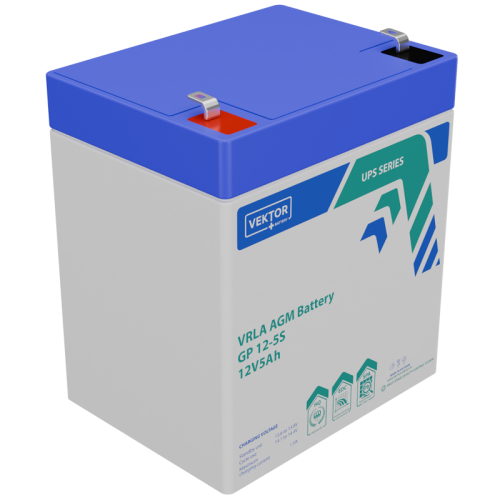 Батарея Vektor Battery серия GP (S), GP 12-5S, напряжение 12В, емкость 5,18 Ач (разряд 10 часов), макс. ток разряда (5 сек.) 55А, макс. ток заряда 1,65 А, свинцово-кислотная типа AGM, клеммы F2, ДxШxВ 91x70x102мм., вес 1,66 кг., срок службы 6 лет