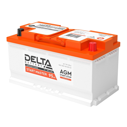 Аккумуляторная батарея для автомобилей/ DELTA серия  START MASTER, DELTA START MASTER 95 Ah AGM, напряжение 12В, емкость 95 Ач (разряд 20 часов; 10.5В), пусковой ток: 850А, полярность обратная ( - +),  тип AGM;Pb (свинцово-кислотный), клеммы: Euro 1,  ДxШ